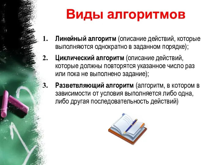 Виды алгоритмов Линейный алгоритм (описание действий, которые выполняются однократно в заданном