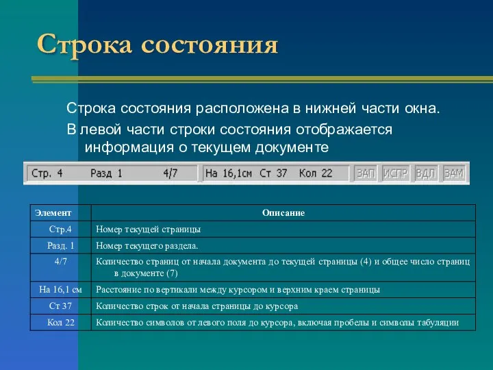 Строка состояния Строка состояния расположена в нижней части окна. В левой