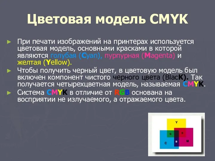 Цветовая модель CMYK При печати изображений на принтерах используется цветовая модель,