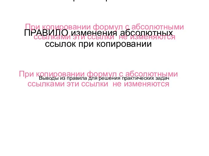 ПРАВИЛО изменения абсолютных ссылок при копировании При копировании формул с абсолютными