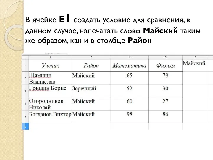 В ячейке Е1 создать условие для сравнения, в данном случае, напечатать