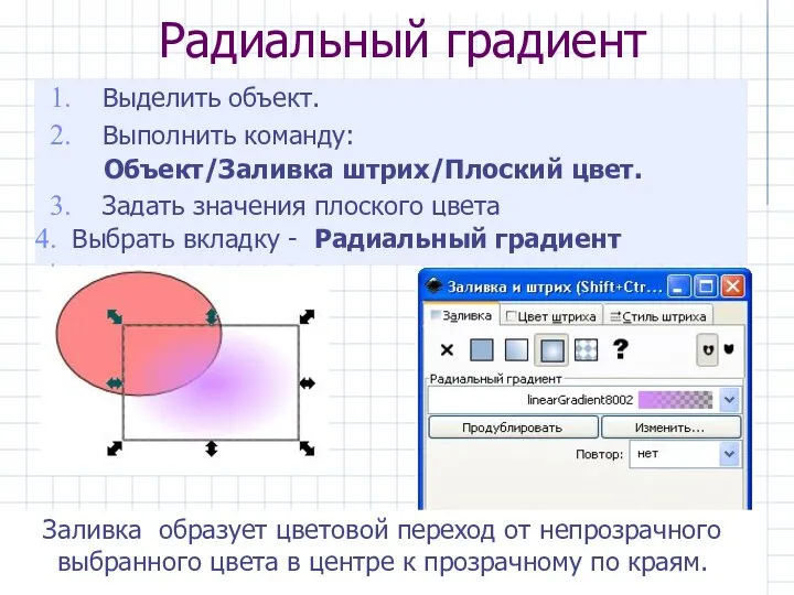 Радиальный градиент Выделить объект. Выполнить команду: Объект/Заливка штрих/Плоский цвет. Задать значения