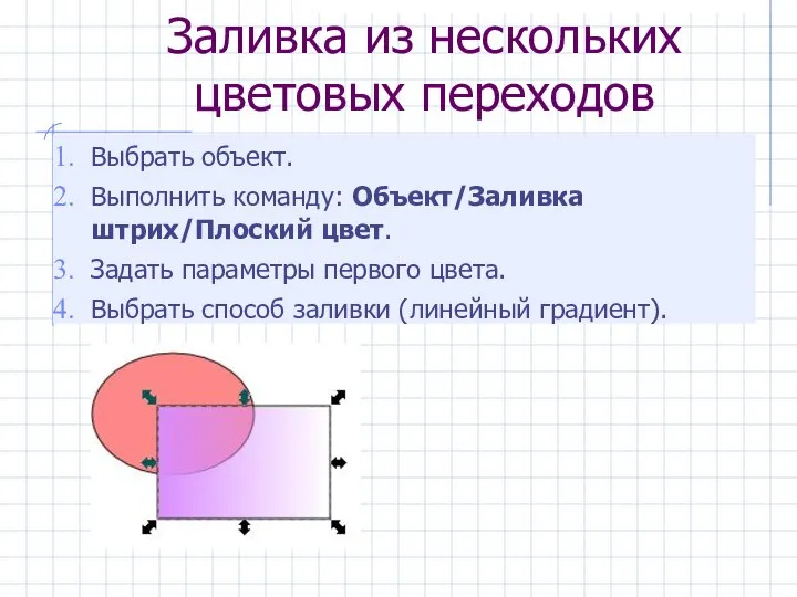 Заливка из нескольких цветовых переходов Выбрать объект. Выполнить команду: Объект/Заливка штрих/Плоский