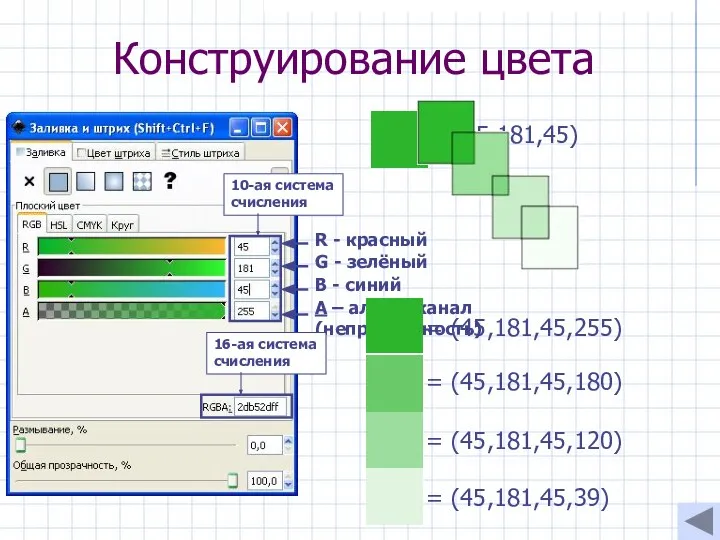 Конструирование цвета = (45,181,45,255) = (45,181,45,180) = (45,181,45,120)