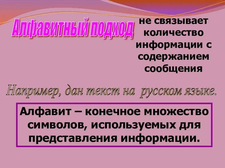 Алфавитный подход не связывает количество информации с содержанием сообщения Например, дан