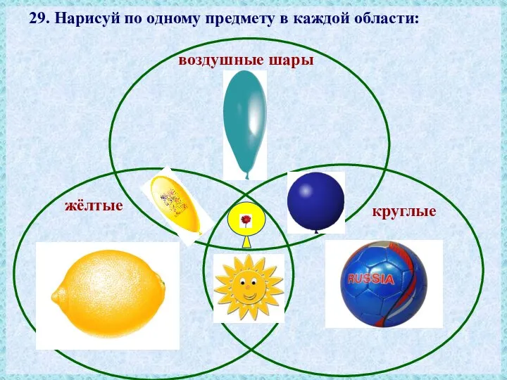 29. Нарисуй по одному предмету в каждой области: воздушные шары жёлтые круглые