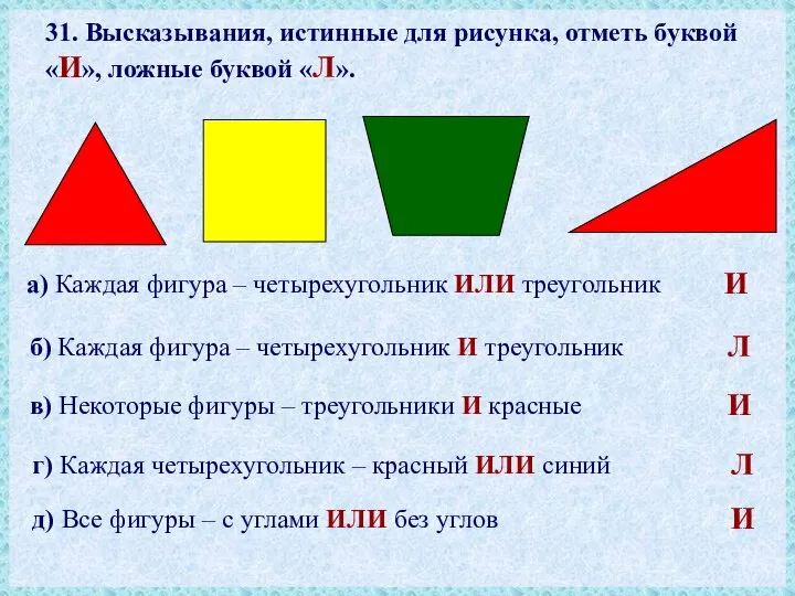 31. Высказывания, истинные для рисунка, отметь буквой «И», ложные буквой «Л».