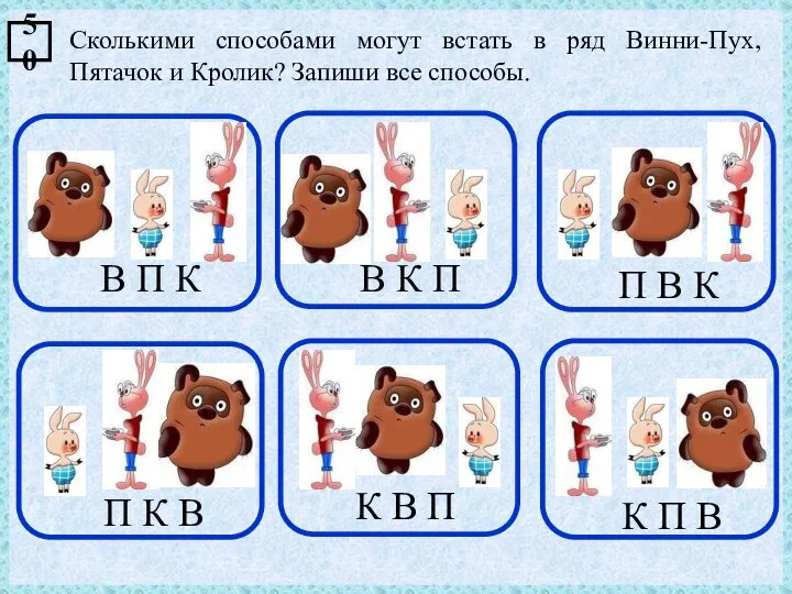 Сколькими способами могут встать в ряд Винни-Пух, Пятачок и Кролик? Запиши