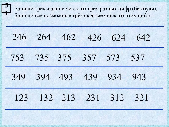 Запиши трёхзначное число из трёх разных цифр (без нуля). Запиши все