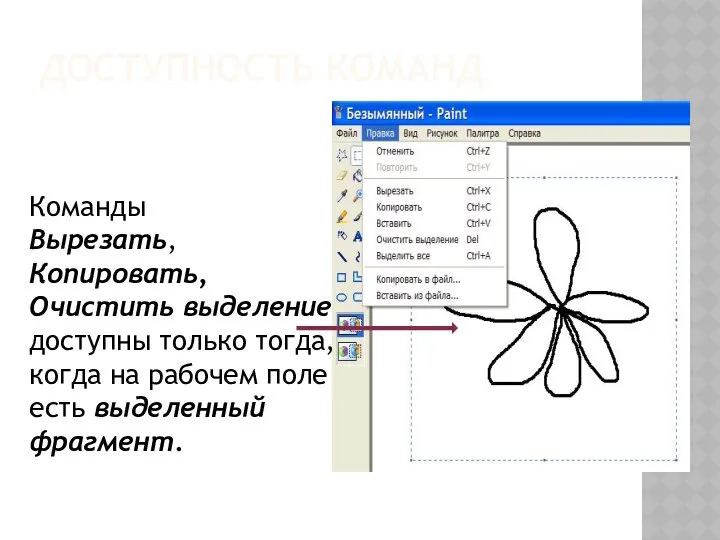 Команды Вырезать, Копировать, Очистить выделение доступны только тогда, когда на рабочем