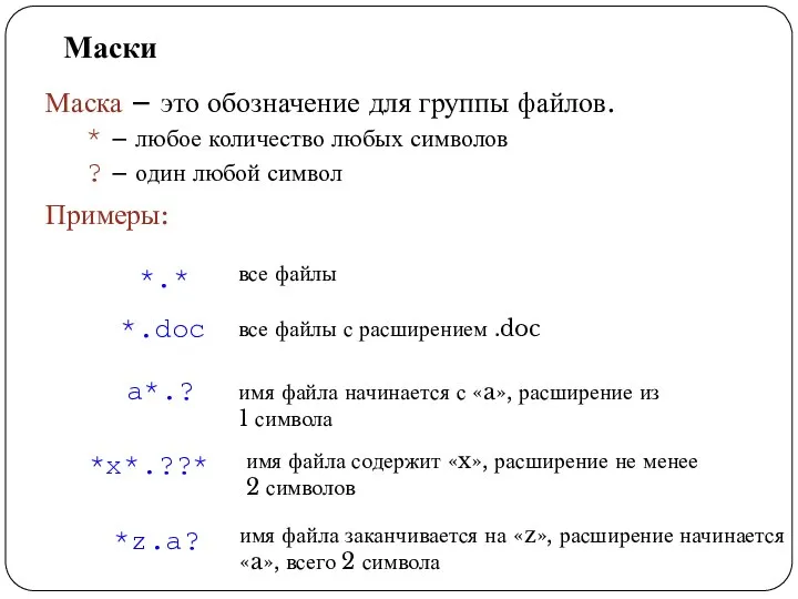 Маски Маска – это обозначение для группы файлов. * – любое