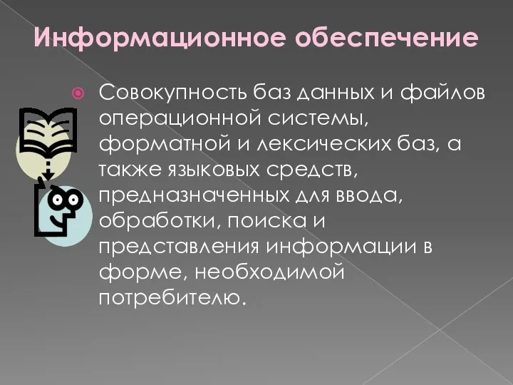 Информационное обеспечение Совокупность баз данных и файлов операционной системы, форматной и