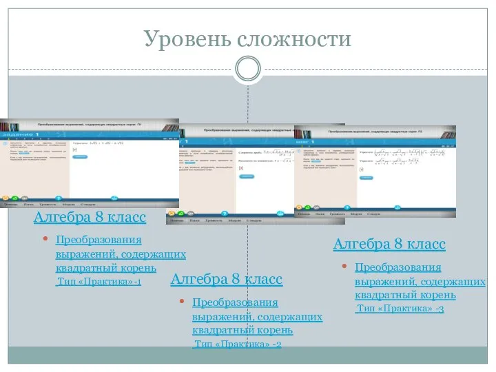 Уровень сложности Алгебра 8 класс Преобразования выражений, содержащих квадратный корень Тип