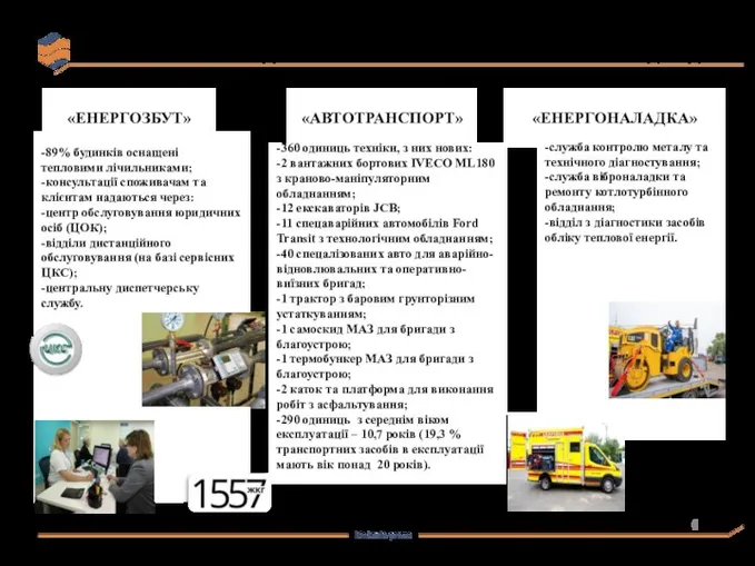 «ЕНЕРГОЗБУТ» «АВТОТРАНСПОРТ» «ЕНЕРГОНАЛАДКА» -89% будинків оснащені тепловими лічильниками; -консультації споживачам та