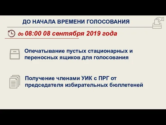 ДО НАЧАЛА ВРЕМЕНИ ГОЛОСОВАНИЯ до 08:00 08 сентября 2019 года Опечатывание