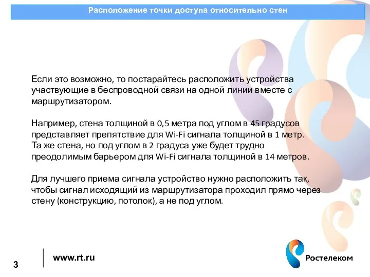 Расположение точки доступа относительно стен Если это возможно, то постарайтесь расположить