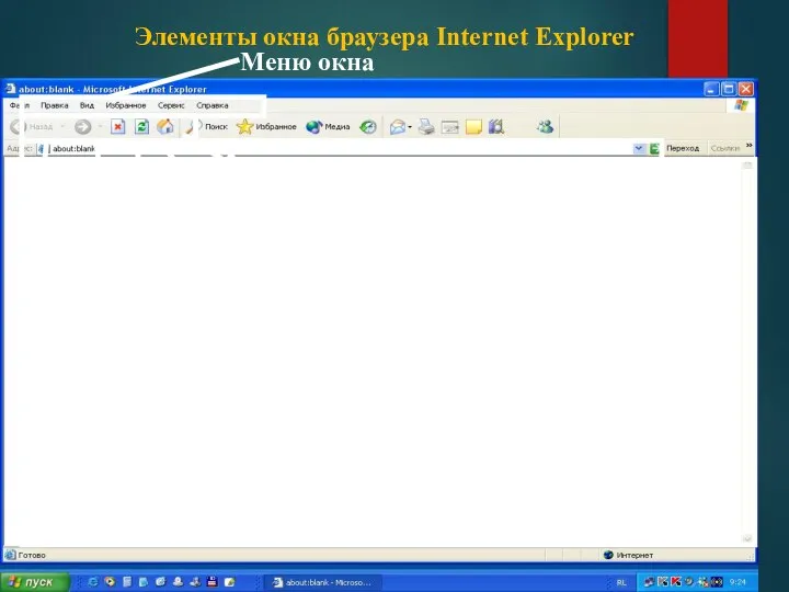 Элементы окна браузера Internet Explorer Меню окна Назад Вперёд Домой Обновить