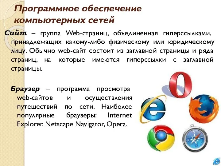 Программное обеспечение компьютерных сетей Сайт – группа Web-страниц, объединенная гиперссылками, принадлежащих