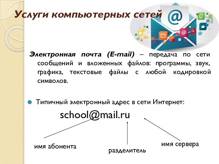 Услуги компьютерных сетей Типичный электронный адрес в сети Интернет: school@mail.ru разделитель