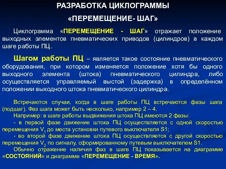 РАЗРАБОТКА ЦИКЛОГРАММЫ «ПЕРЕМЕЩЕНИЕ- ШАГ» Циклограмма «ПЕРЕМЕЩЕНИЕ - ШАГ» отражает положение выходных