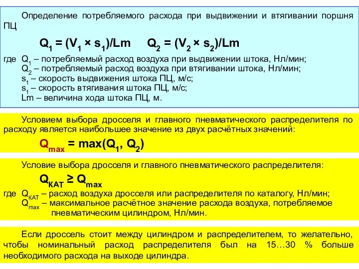 Определение потребляемого расхода при выдвижении и втягивании поршня ПЦ Q1 =