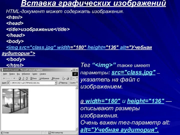 Вставка графических изображений HTML-документ может содержать изображения. изображение Тег “ ”