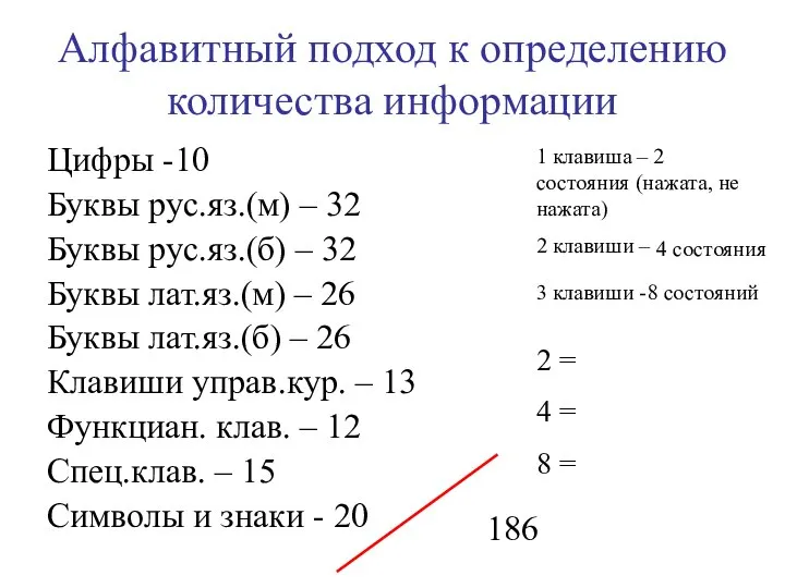 Алфавитный подход к определению количества информации Цифры -10 Буквы рус.яз.(м) –