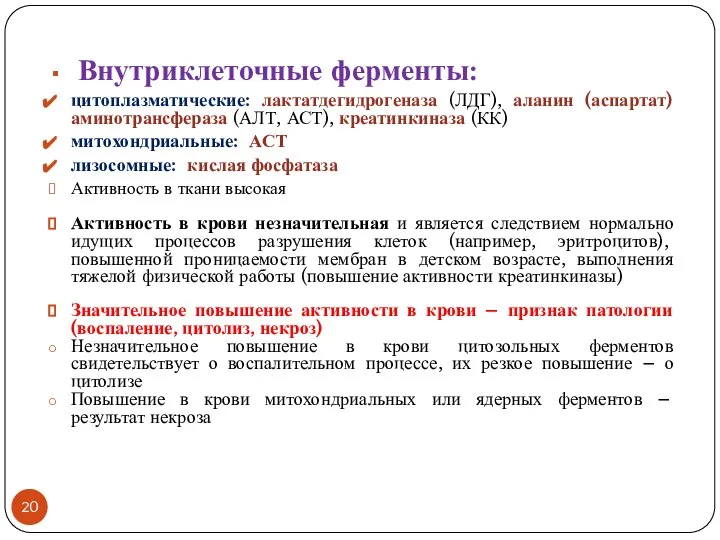 Внутриклеточные ферменты: цитоплазматические: лактатдегидрогеназа (ЛДГ), аланин (аспартат) аминотрансфераза (АЛТ, АСТ), креатинкиназа