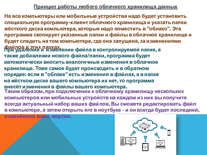 Принцип работы любого облачного хранилища данных На все компьютеры или мобильные