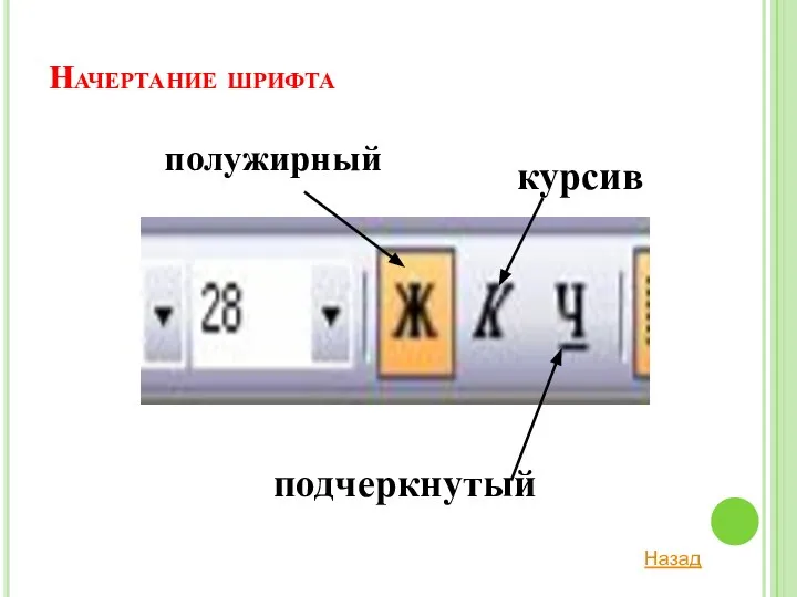 Начертание шрифта полужирный курсив подчеркнутый Назад