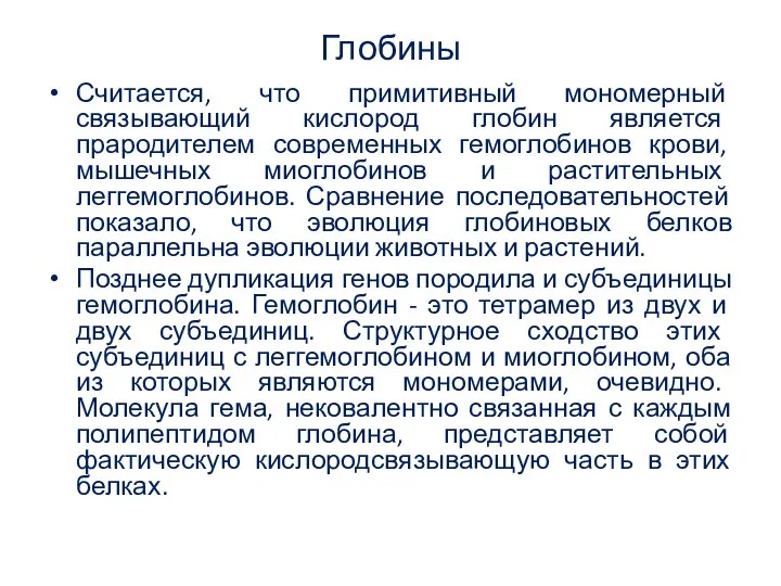 Глобины Считается, что примитивный мономерный связывающий кислород глобин является прародителем современных