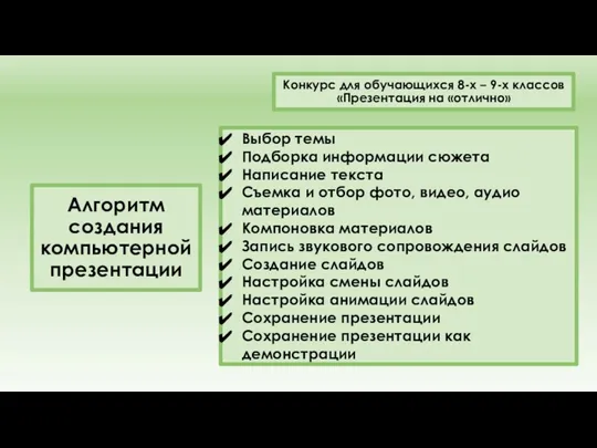 Алгоритм создания компьютерной презентации Конкурс для обучающихся 8-х – 9-х классов