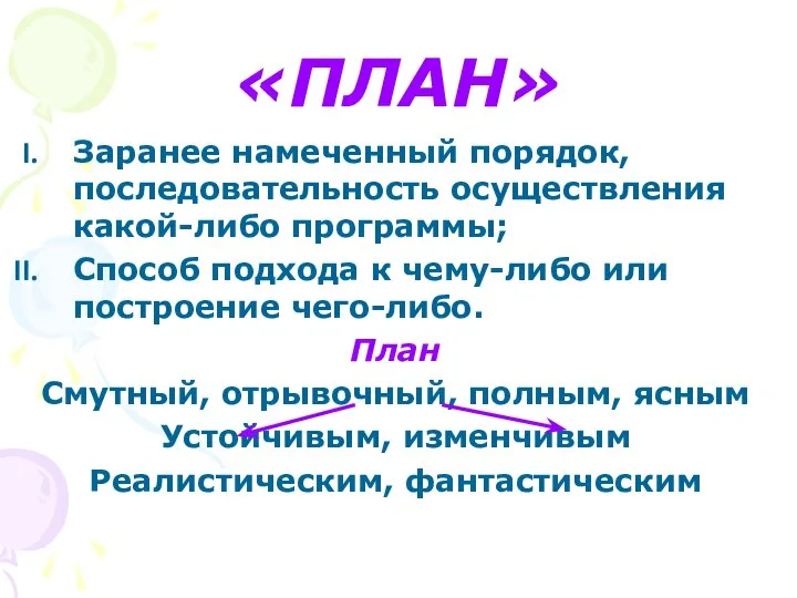 «ПЛАН» Заранее намеченный порядок, последовательность осуществления какой-либо программы; Способ подхода к