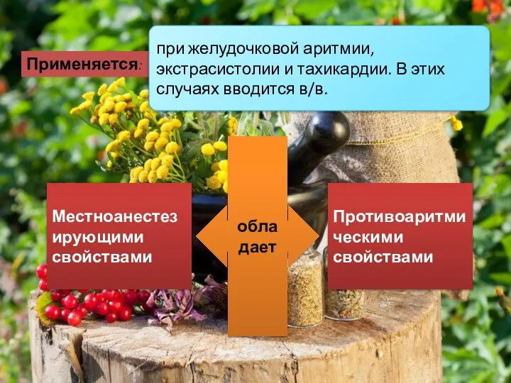 Применяется: при желудочковой аритмии, экстрасистолии и тахикардии. В этих случаях вводится