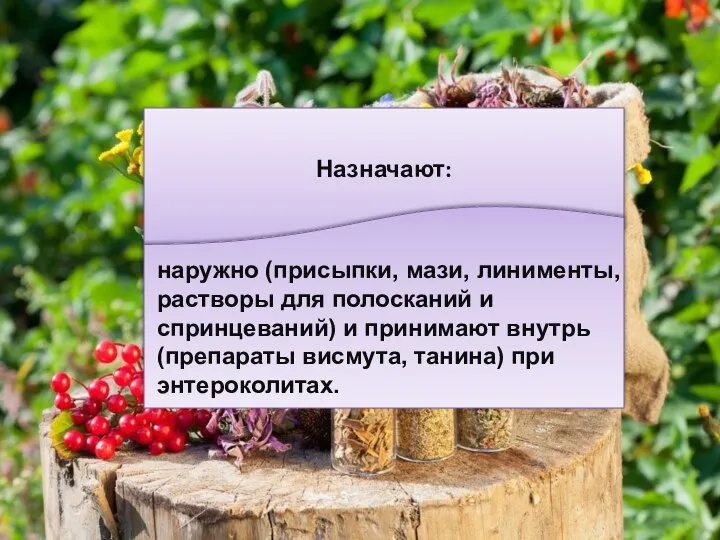 Назначают: наружно (присыпки, мази, линименты, растворы для полосканий и спринцеваний) и