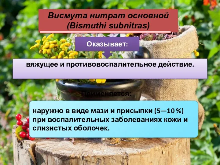 Висмута нитрат основной (Bismuthi subnitras) Применяется: Оказывает: вяжущее и противовоспалительное действие.