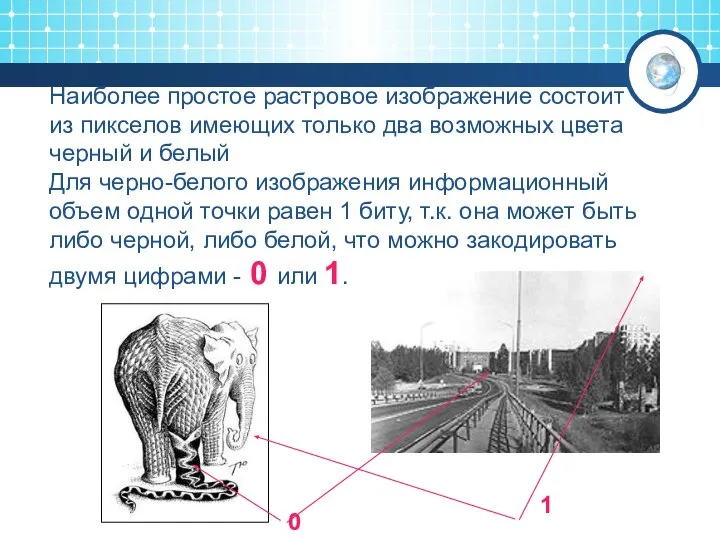 Наиболее простое растровое изображение состоит из пикселов имеющих только два возможных
