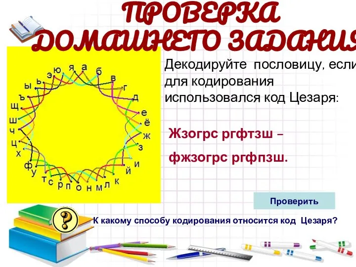 Декодируйте пословицу, если для кодирования использовался код Цезаря: Жзогрс ргфтзш –