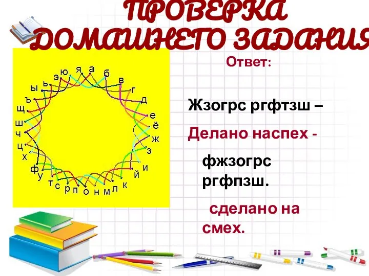 Ответ: Жзогрс ргфтзш – Делано наспех - фжзогрс ргфпзш. сделано на смех. ПРОВЕРКА ДОМАШНЕГО ЗАДАНИЯ