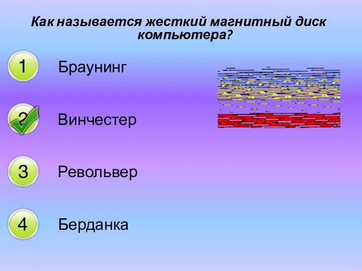 Как называется жесткий магнитный диск компьютера? Браунинг Винчестер Револьвер Берданка