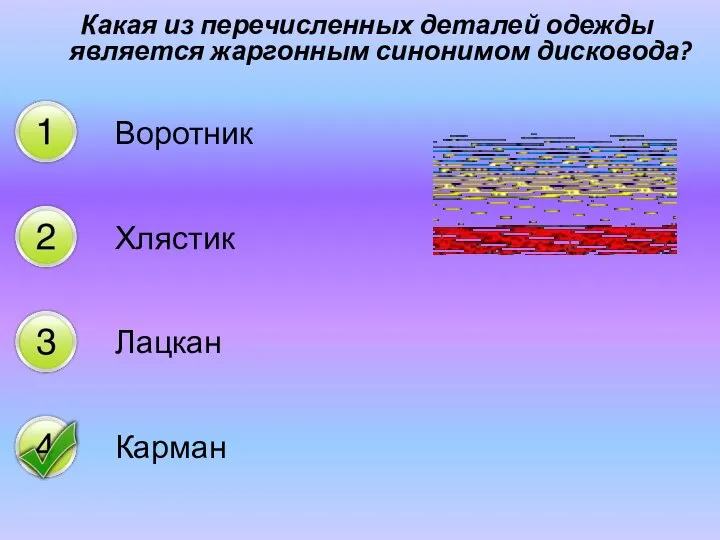 Какая из перечисленных деталей одежды является жаргонным синонимом дисковода? Воротник Хлястик Лацкан Карман