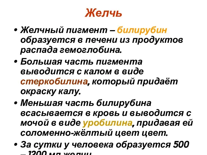 Желчь Желчный пигмент – билирубин образуется в печени из продуктов распада