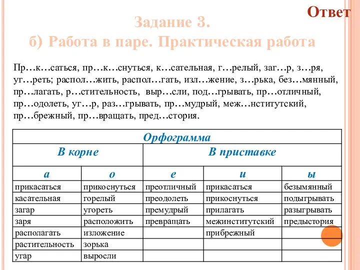 Задание 3. б) Работа в паре. Практическая работа Пр…к…саться, пр…к…снуться, к…сательная,