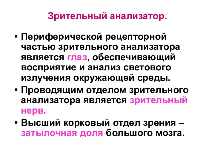 Зрительный анализатор. Периферической рецепторной частью зрительного анализатора является глаз, обеспечивающий восприятие