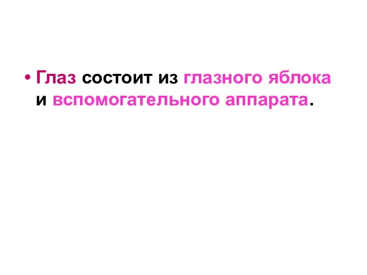 Глаз состоит из глазного яблока и вспомогательного аппарата.