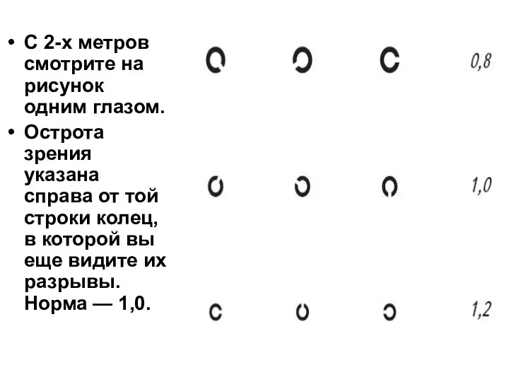 С 2-х метров смотрите на рисунок одним глазом. Острота зрения указана