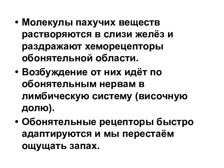 Молекулы пахучих веществ растворяются в слизи желёз и раздражают хеморецепторы обонятельной