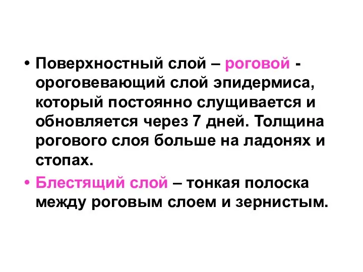 Поверхностный слой – роговой - ороговевающий слой эпидермиса, который постоянно слущивается