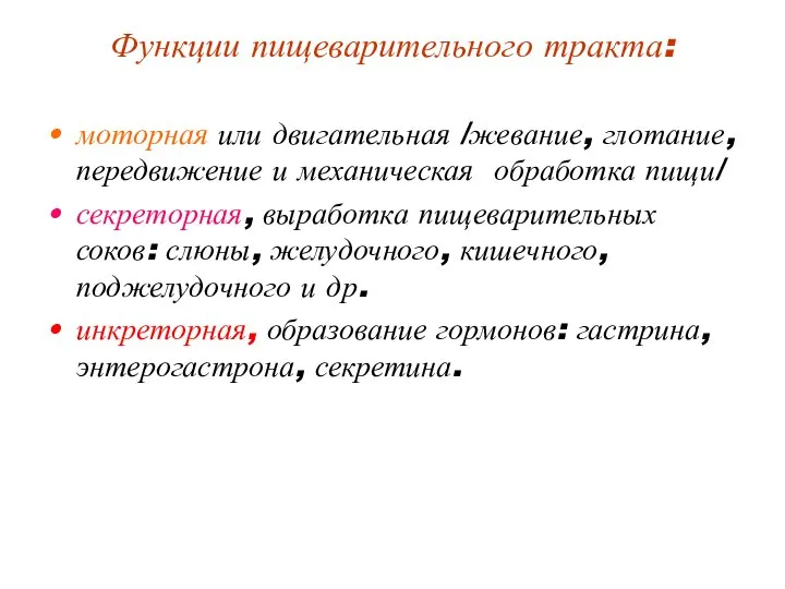 Функции пищеварительного тракта: моторная или двигательная /жевание, глотание, передвижение и механическая