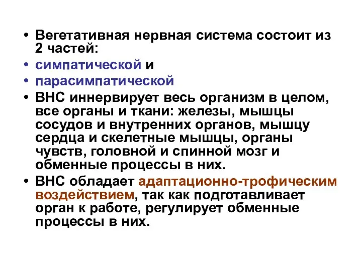 Вегетативная нервная система состоит из 2 частей: симпатической и парасимпатической ВНС